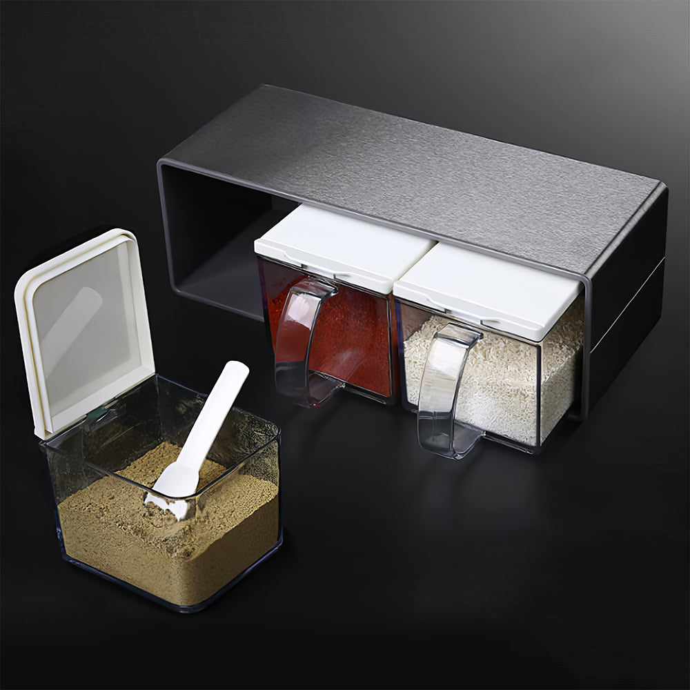 3-Piece Clear Spice Container Set with Lids & Spoons – Stainless Steel Rack