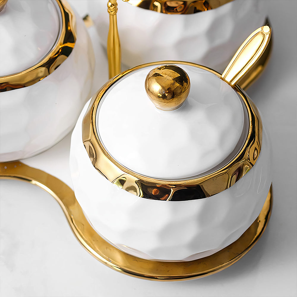 3-Piece Porcelain Sugar Bowl Set with Lids & Spoons – White Silver