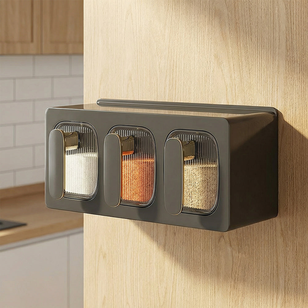 Wall Mounted Seasoning Containers with Spoons 3 Compartment Spice Storage Set for Salt Sugar and Pepper