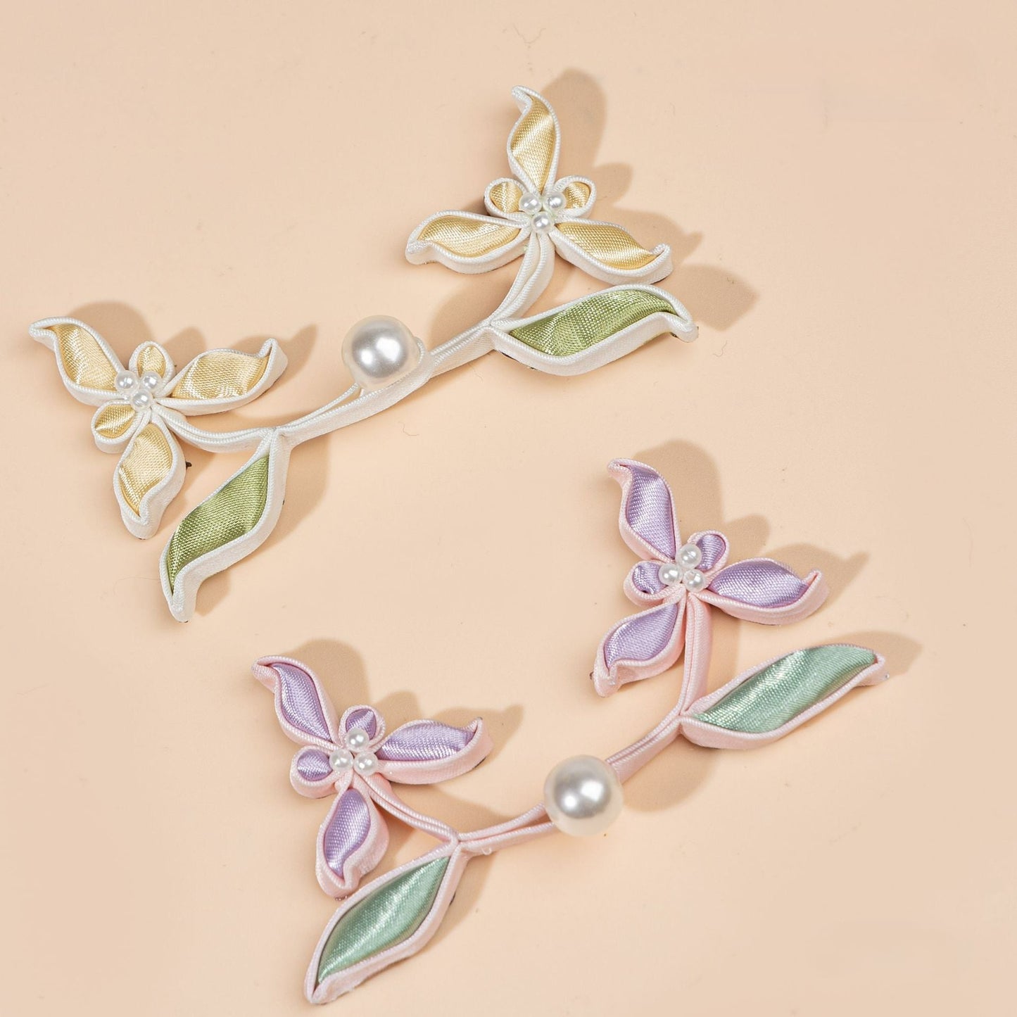 Handmade Satin Ribbon Orchid Button – Pearl Beaded Sew - Turmeric color, handmade decorative sew-on button