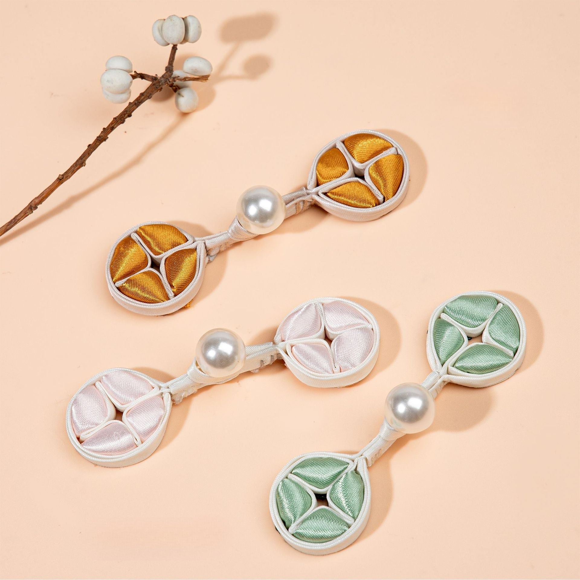 Four Petal Knot Button with Pearl Accent - 2-Light green color, handmade decorative sew-on button