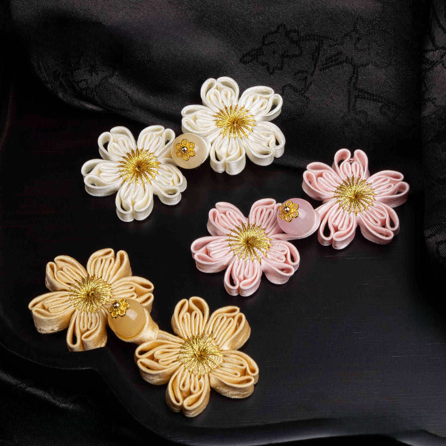 Cherry Blossom Flower Button with Bead Accent - Green color, handmade decorative sew-on button