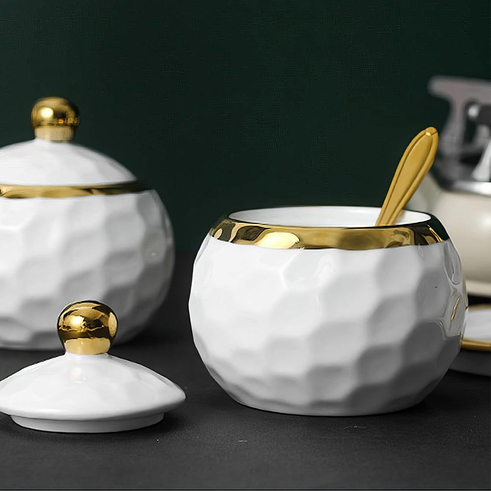 3-Piece Porcelain Sugar Bowl Set with Lids & Spoons – White Silver