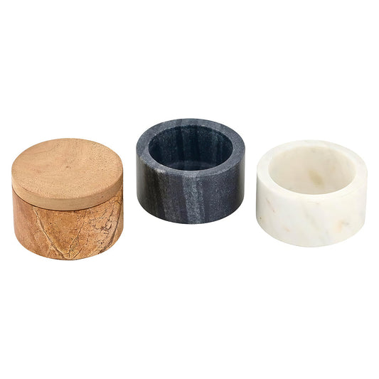 Marble Salt Cellar Stacking Set with Wood Lids White Gray and Brown 3 Piece Spice Containers