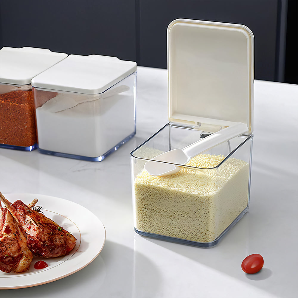 3-Piece Clear Spice Container Set with Lids & Spoons – Stainless Steel Rack