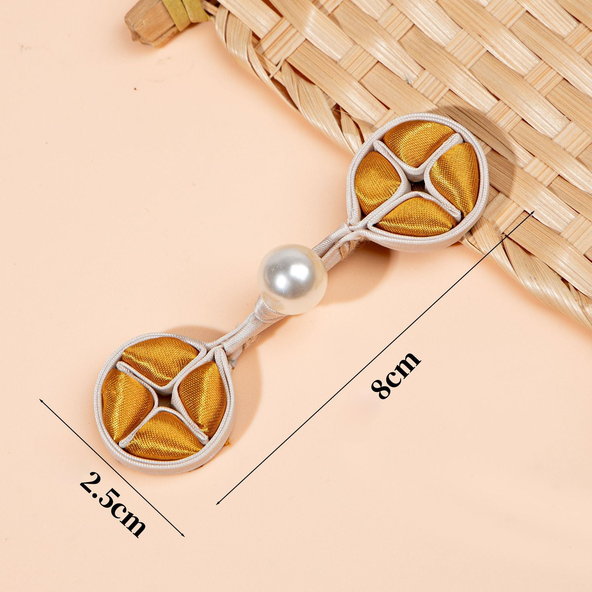 Four Petal Knot Button with Pearl Accent - 3-Caramel Brown color, handmade decorative sew-on button