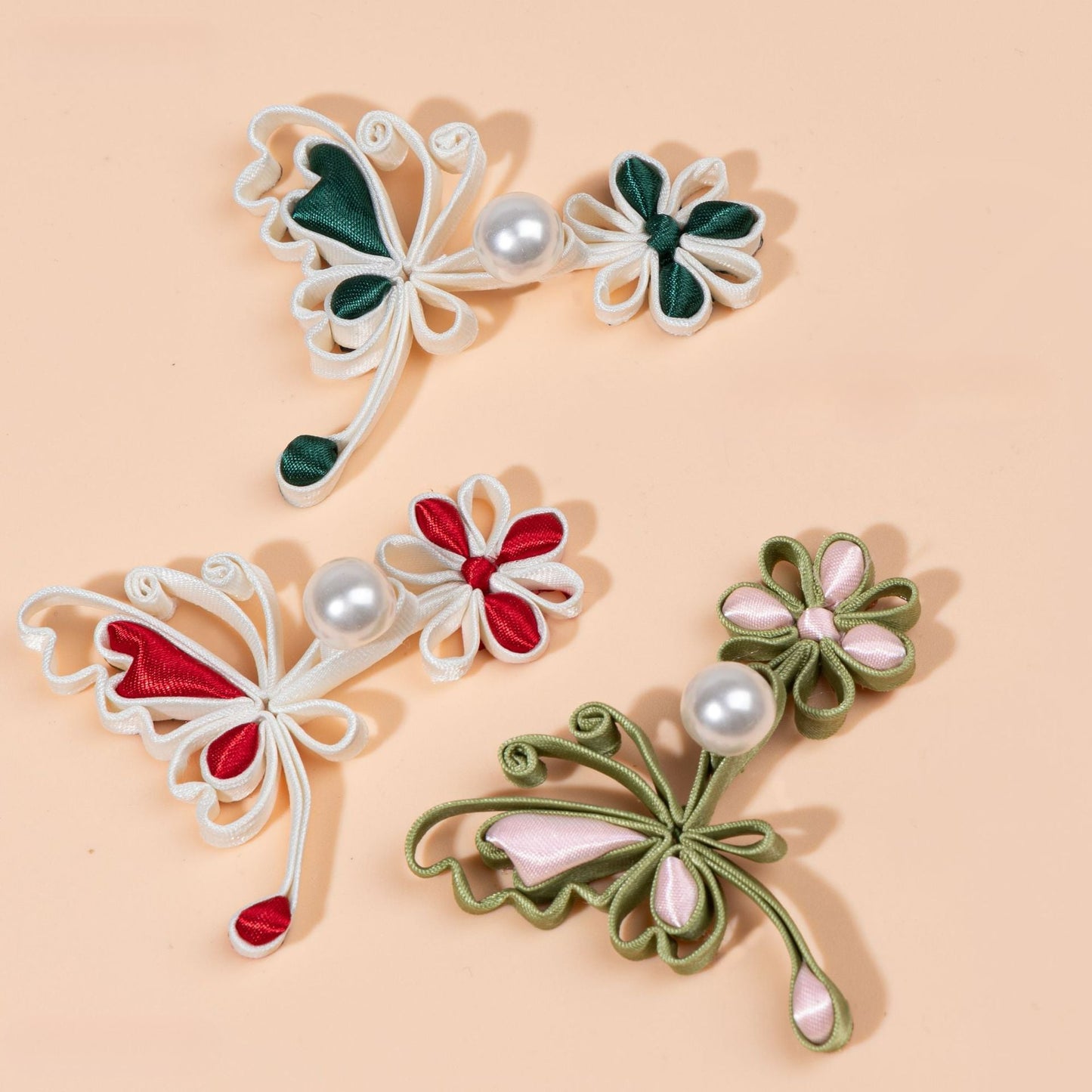 Ribbon butterfly flower pearl buttons - Light Pink color, handmade decorative sew-on button