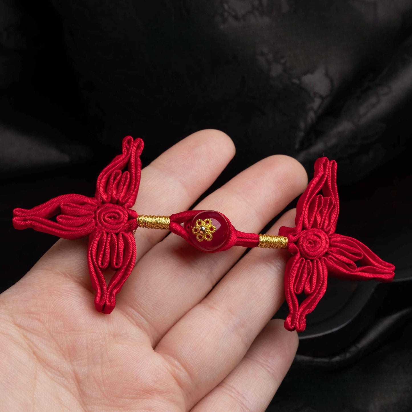 Four Wing Knot Button with Round Bead - Light Green color, handmade decorative sew-on button