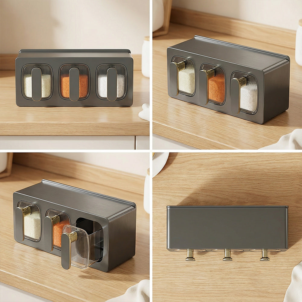 Wall Mounted Seasoning Containers with Spoons 3 Compartment Spice Storage Set for Salt Sugar and Pepper