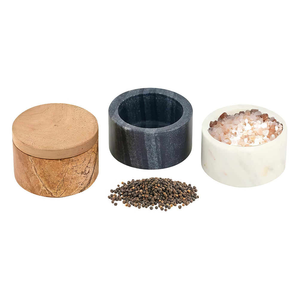 Marble Salt Cellar Stacking Set with Wood Lids White Gray and Brown 3 Piece Spice Containers