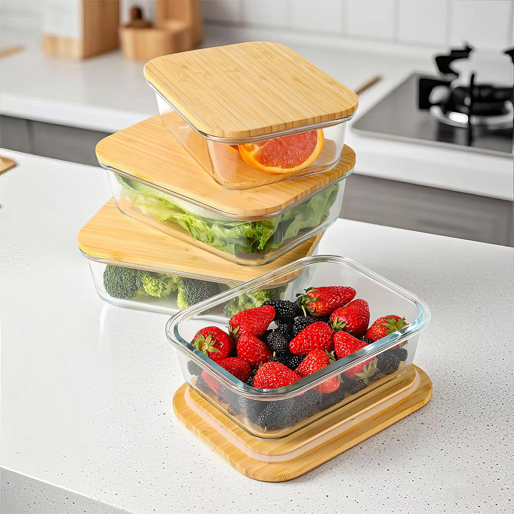 Glass Food Storage Containers with Bamboo Lids – 4 Pack (35oz & 51oz)