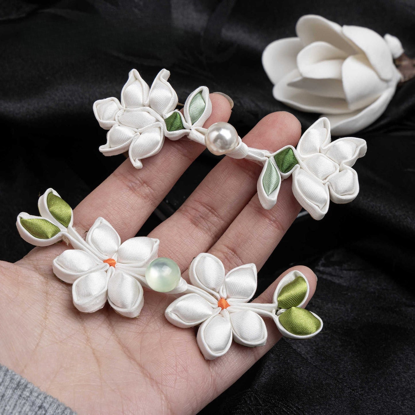 White Satin Flower Branch Buttons - handmade decorative sew-on button