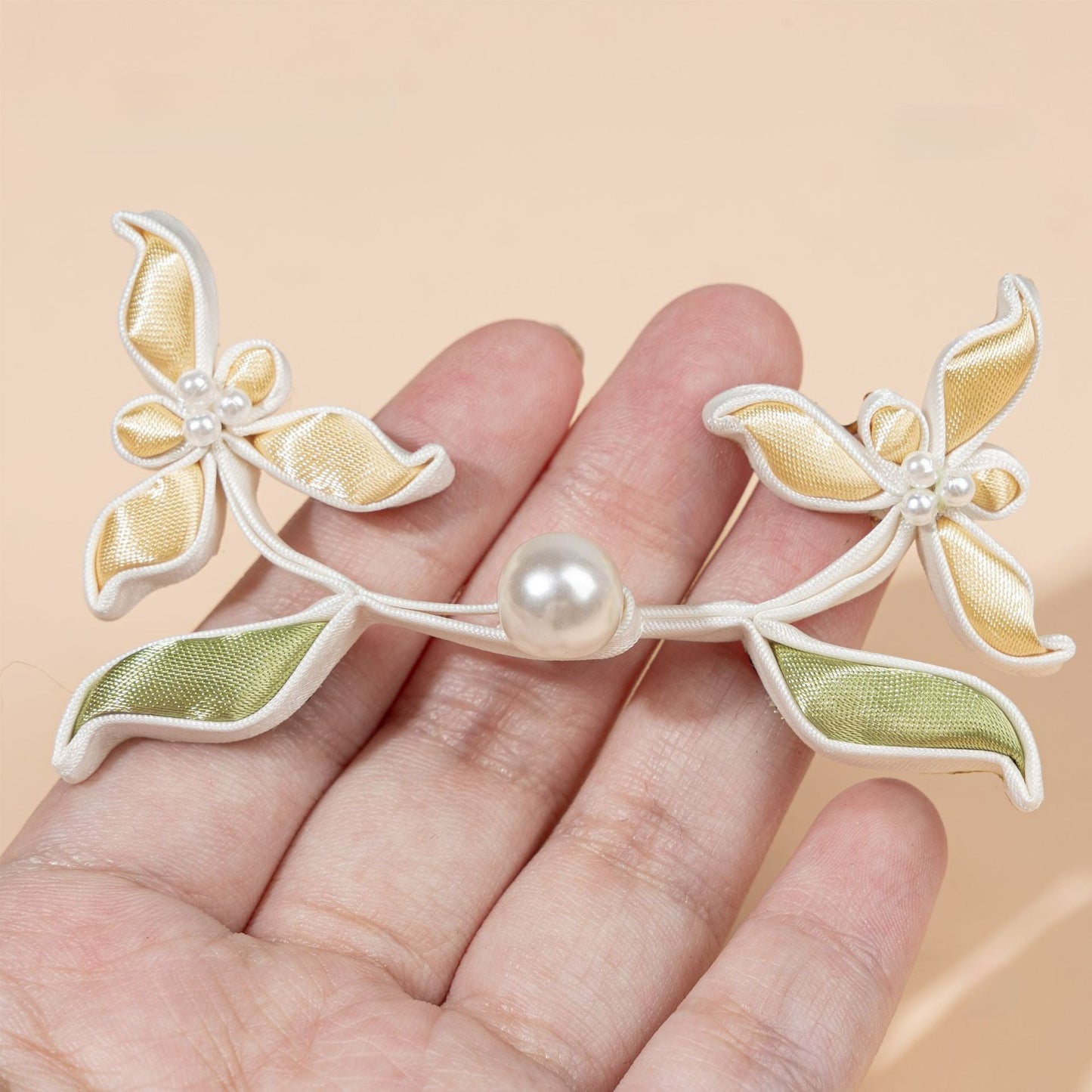 Handmade Satin Ribbon Orchid Button – Pearl Beaded Sew - Apricot color, handmade decorative sew-on button