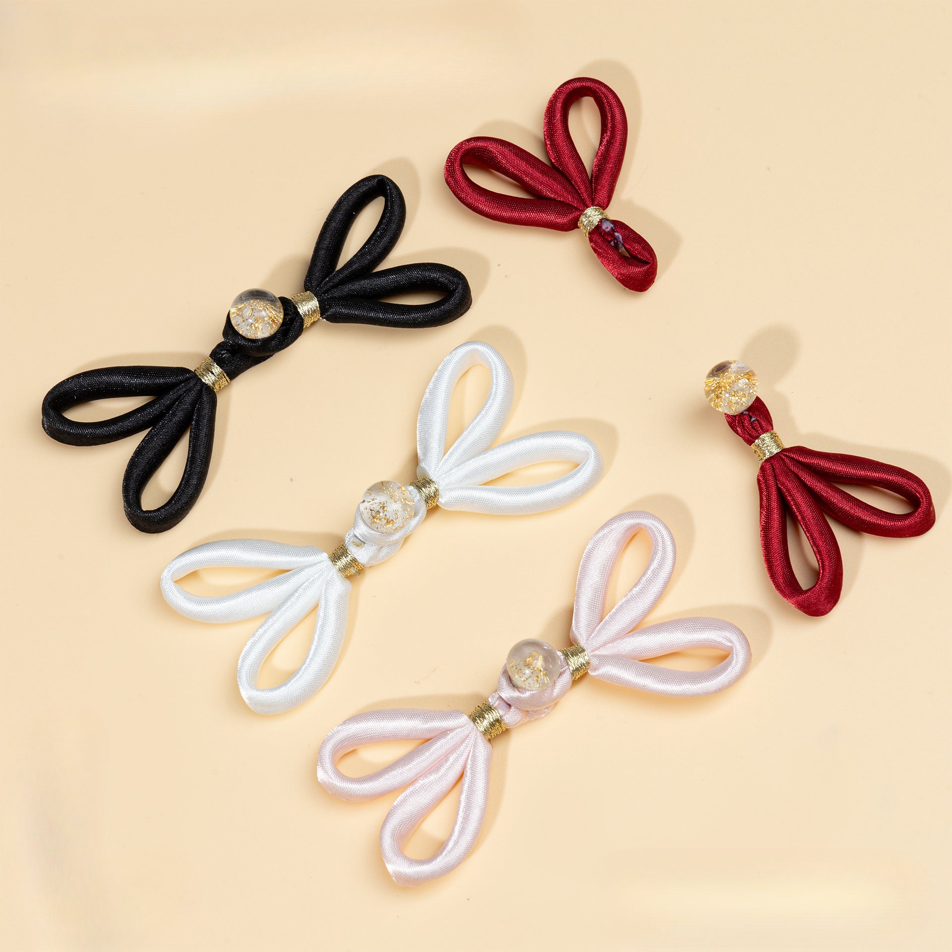 Satin Loop Bow Button Closures with Glitter Bead - White color, handmade decorative sew-on button