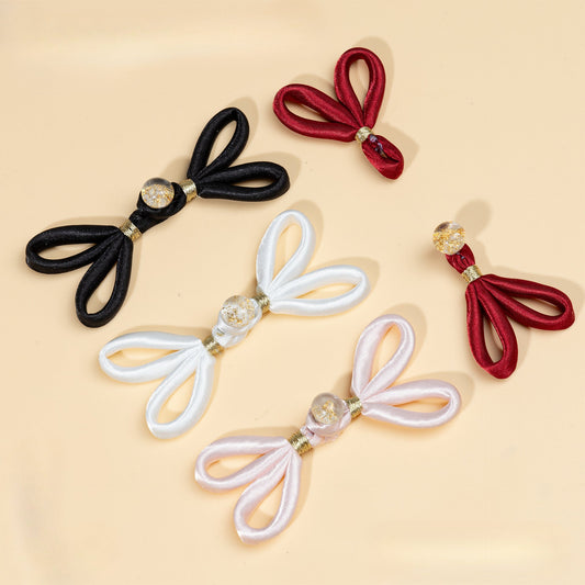 Satin Loop Bow Button Closures with Glitter Bead - White color, handmade decorative sew-on button