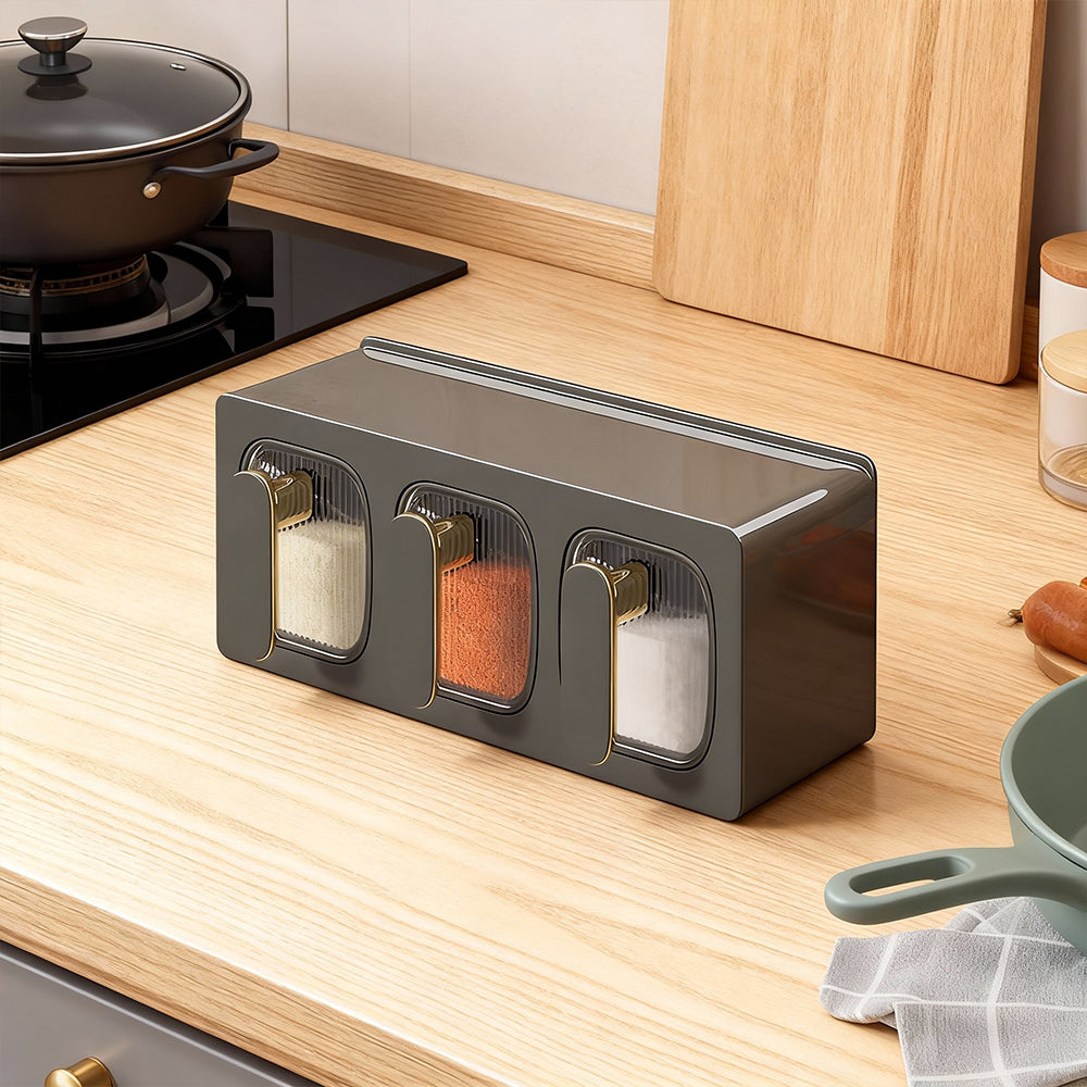 Wall Mounted Seasoning Containers with Spoons 3 Compartment Spice Storage Set for Salt Sugar and Pepper