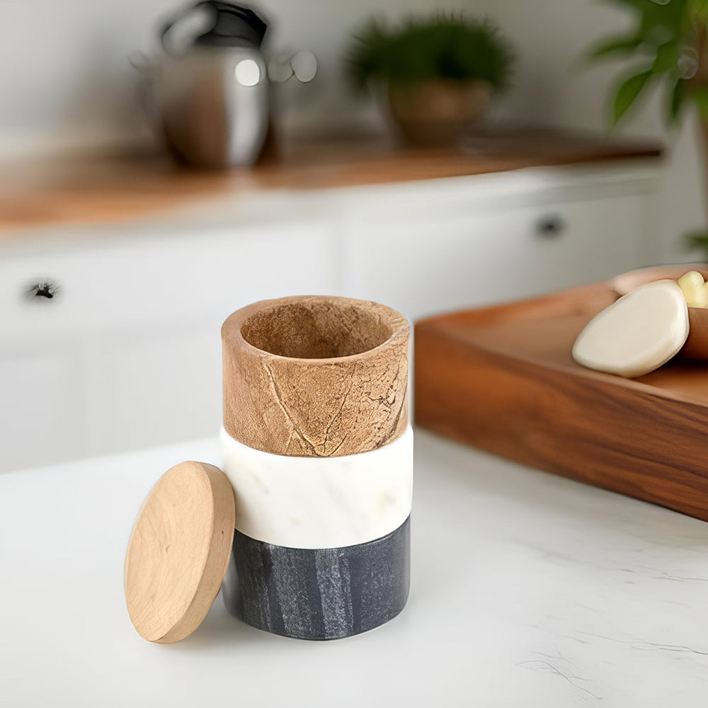 Marble Salt Cellar Stacking Set with Wood Lids White Gray and Brown 3 Piece Spice Containers