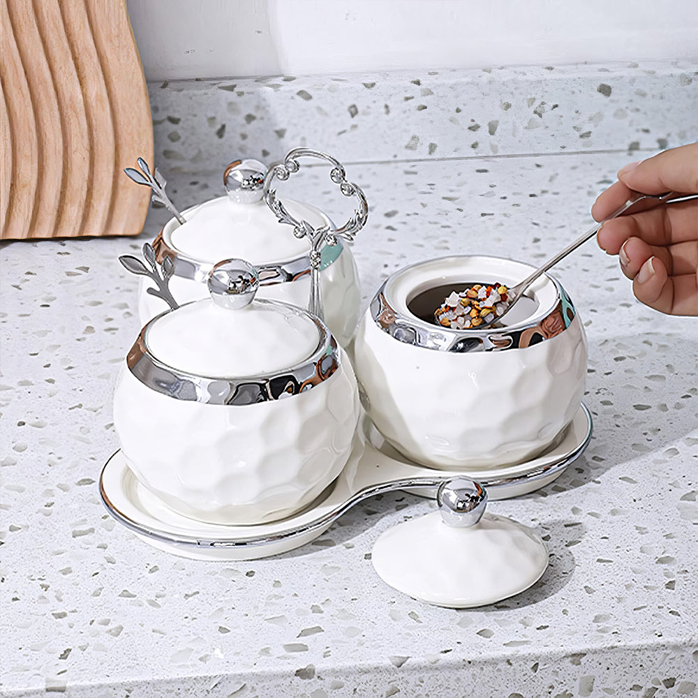 3-Piece Porcelain Sugar Bowl Set with Lids & Spoons – White Silver