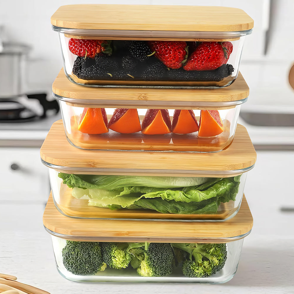 Glass Food Storage Containers with Bamboo Lids – 4 Pack (35oz & 51oz)