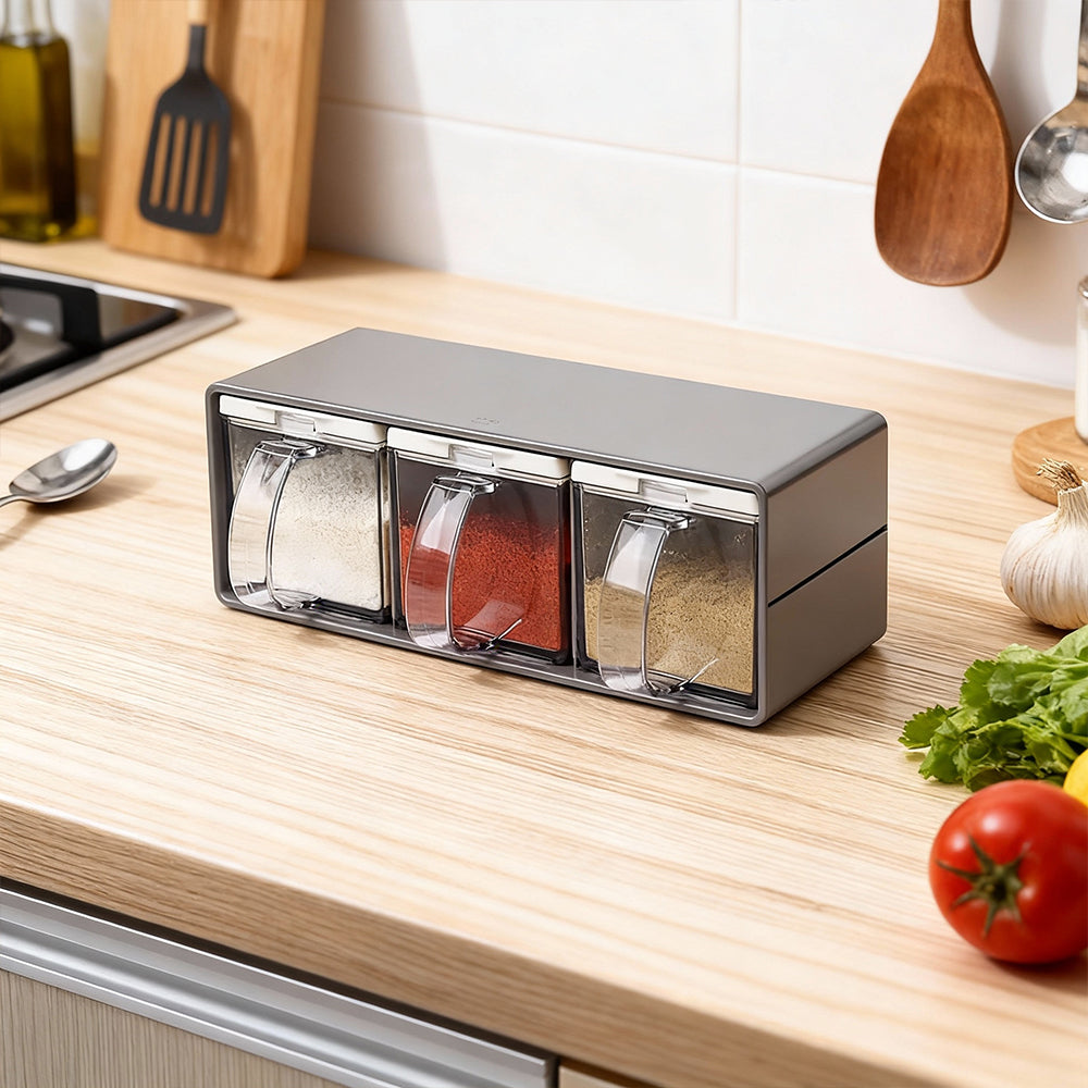 Clear Salt Containers with Lids and Spoons 3 Piece Spice Pots Set for Kitchen Seasoning Storage