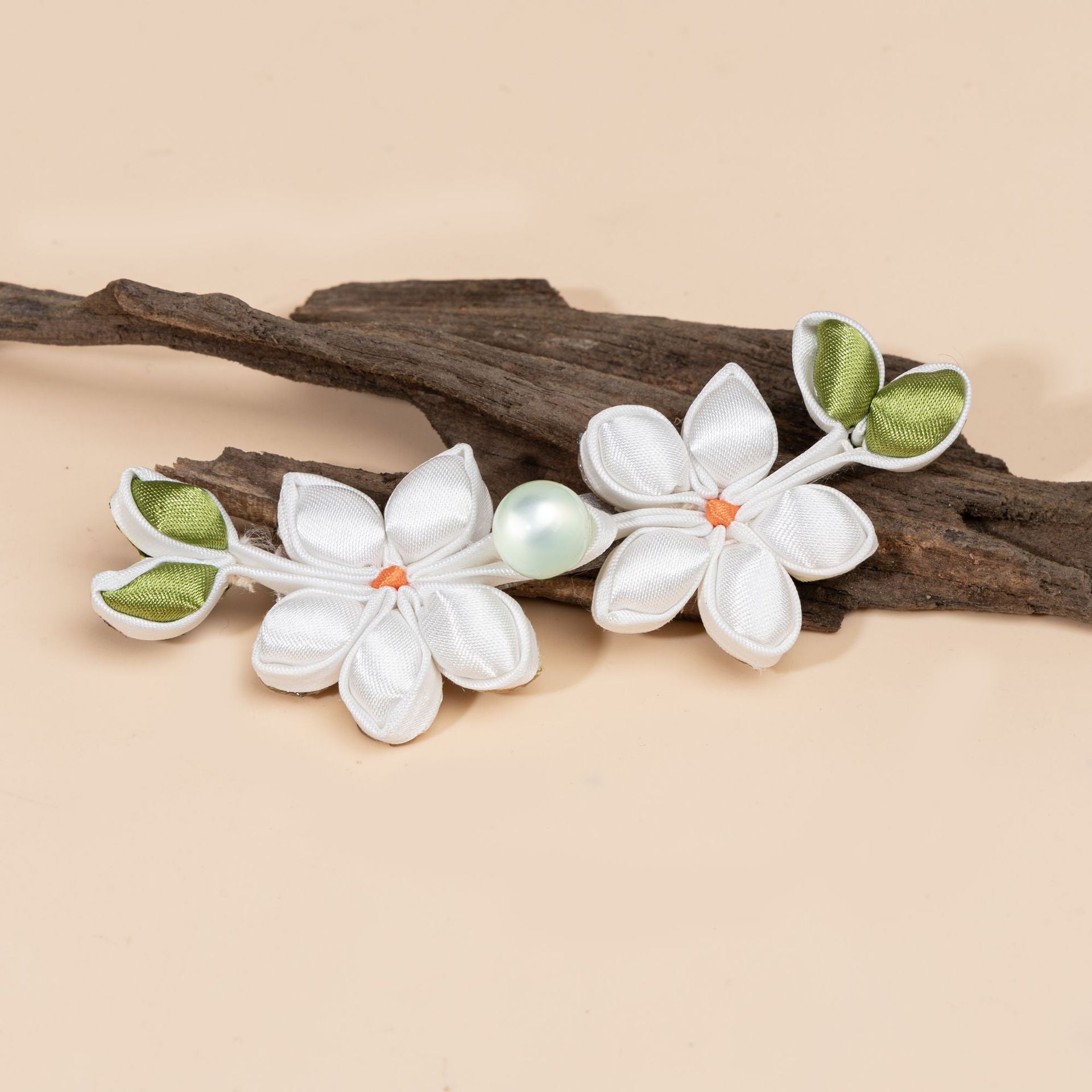 White Satin Flower Branch Buttons - handmade decorative sew-on button
