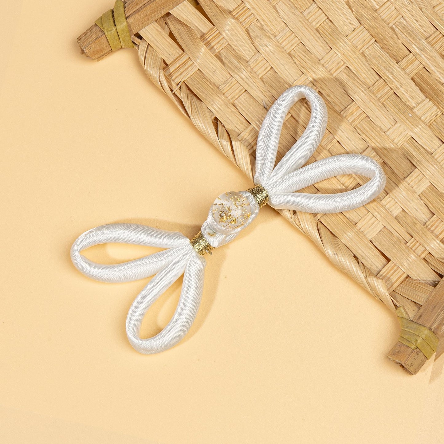 Satin Loop Bow Button Closures with Glitter Bead - Emerald Yellow color, handmade decorative sew-on button
