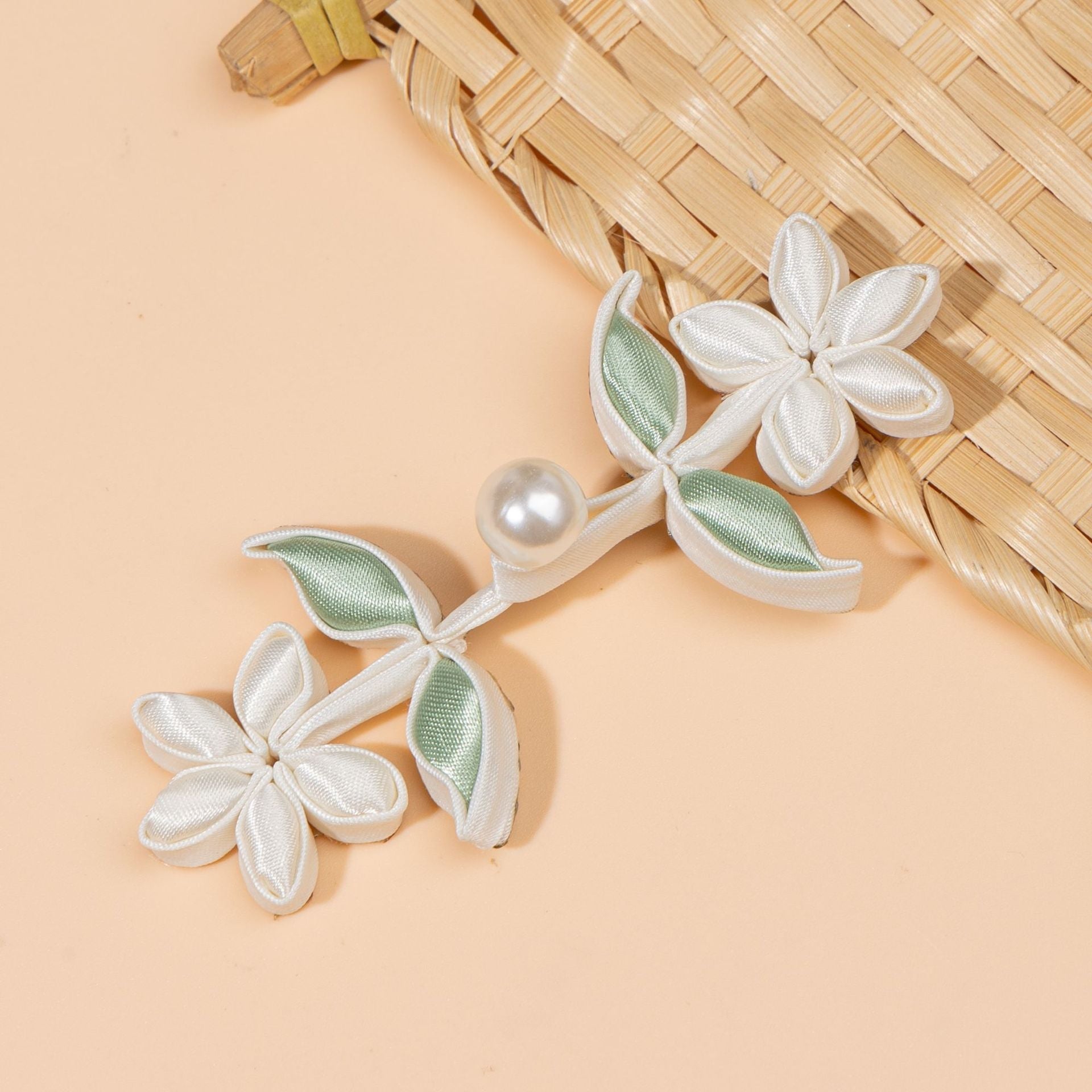 Flower and Leaf Branch Pearl Button - handmade decorative sew-on button