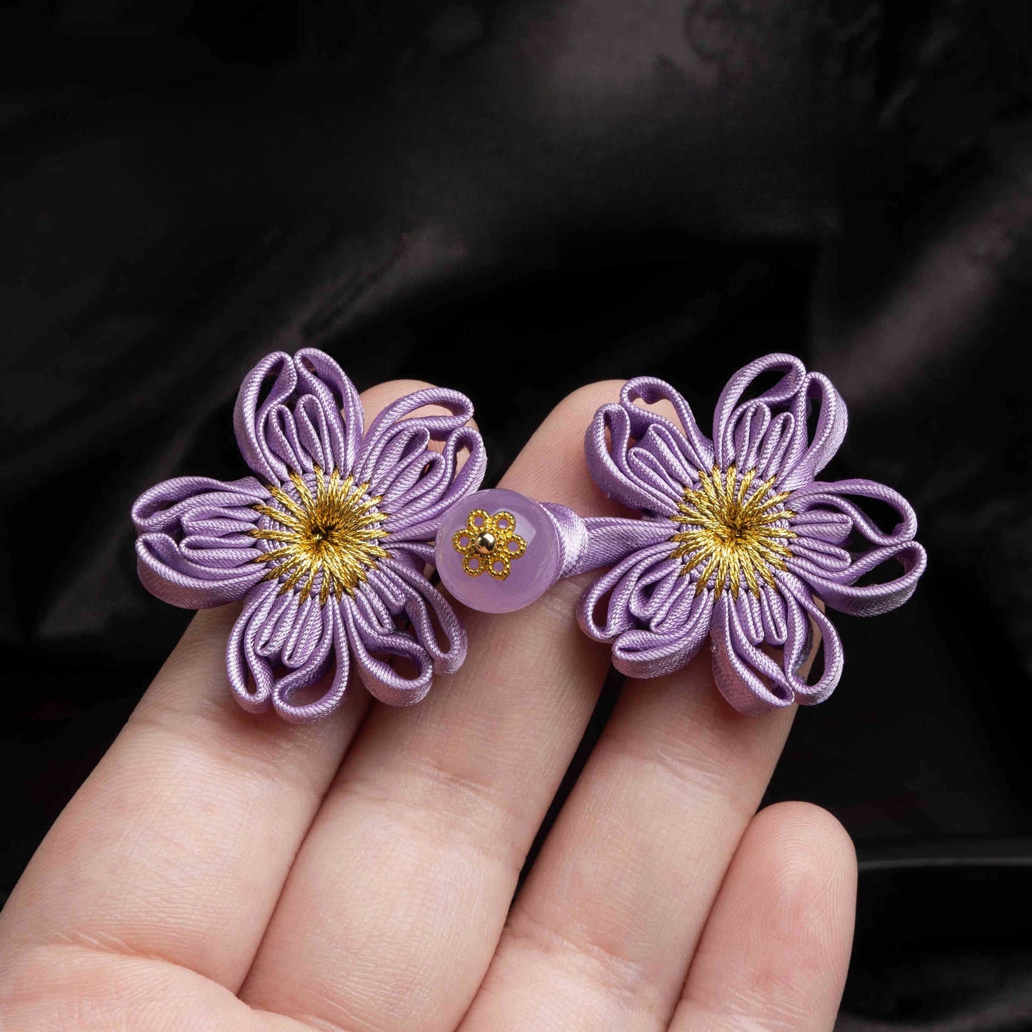 Cherry Blossom Flower Button with Bead Accent - Turmeric color, handmade decorative sew-on button