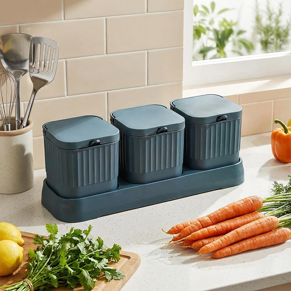 Kitchen Seasoning jar Set 3 Spice Condiment Storage Box Salt Shaker Sugar Bowl with Tray and Spoon
