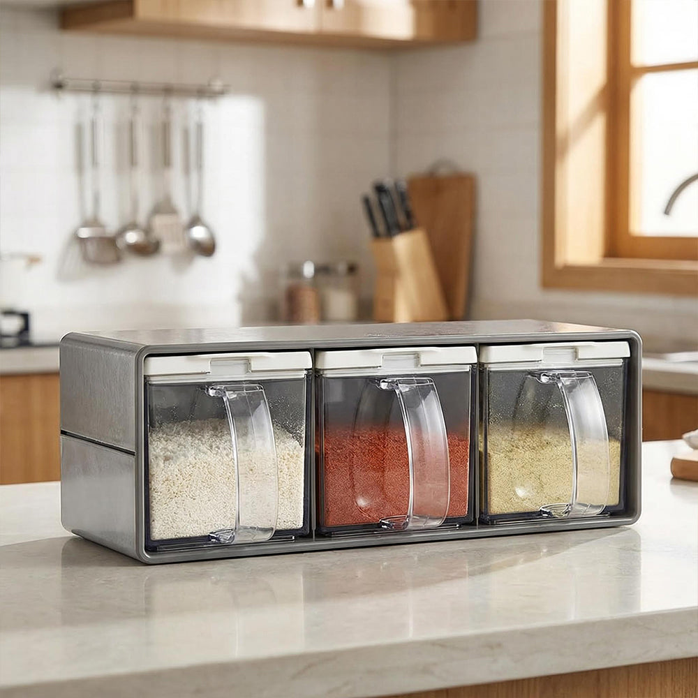 Clear Salt Containers with Lids and Spoons 3 Piece Spice Pots Set for Kitchen Seasoning Storage