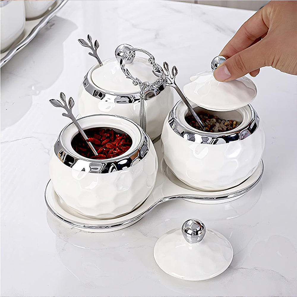 3-Piece Porcelain Sugar Bowl Set with Lids & Spoons – White Silver