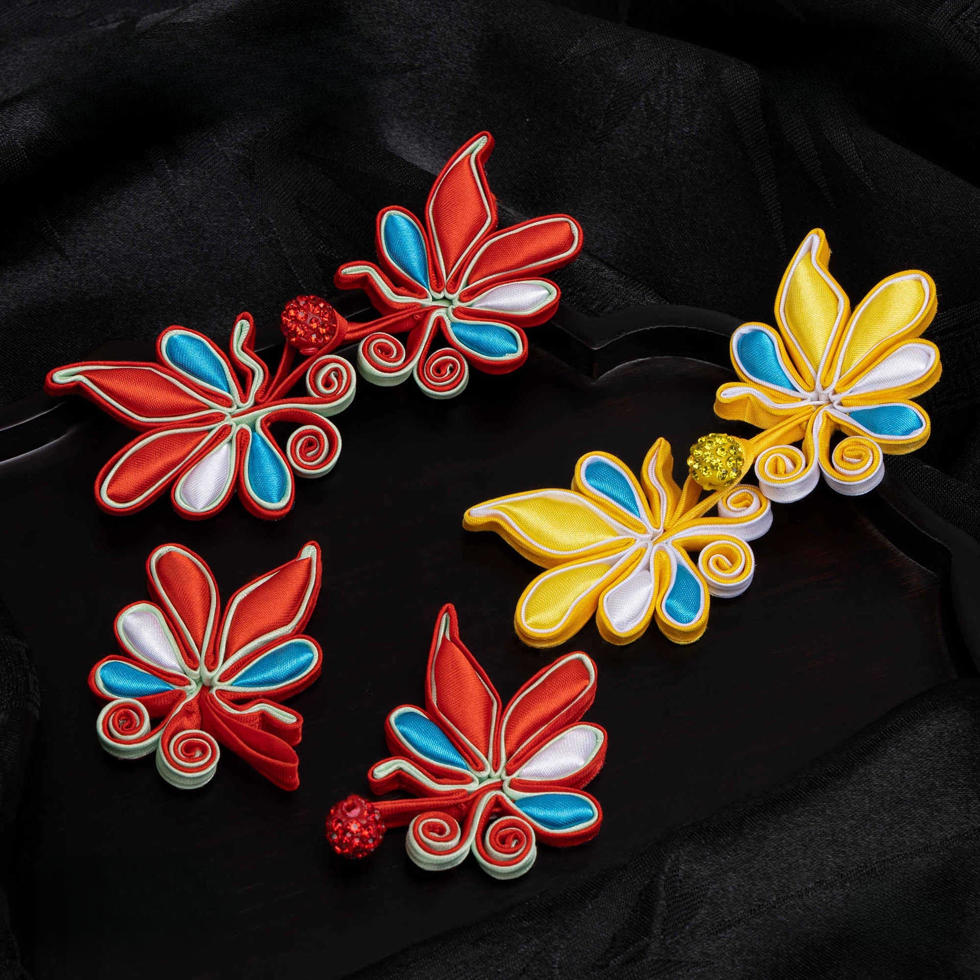 Butterfly petals paired with crystal bead buttons - handmade decorative sew-on button