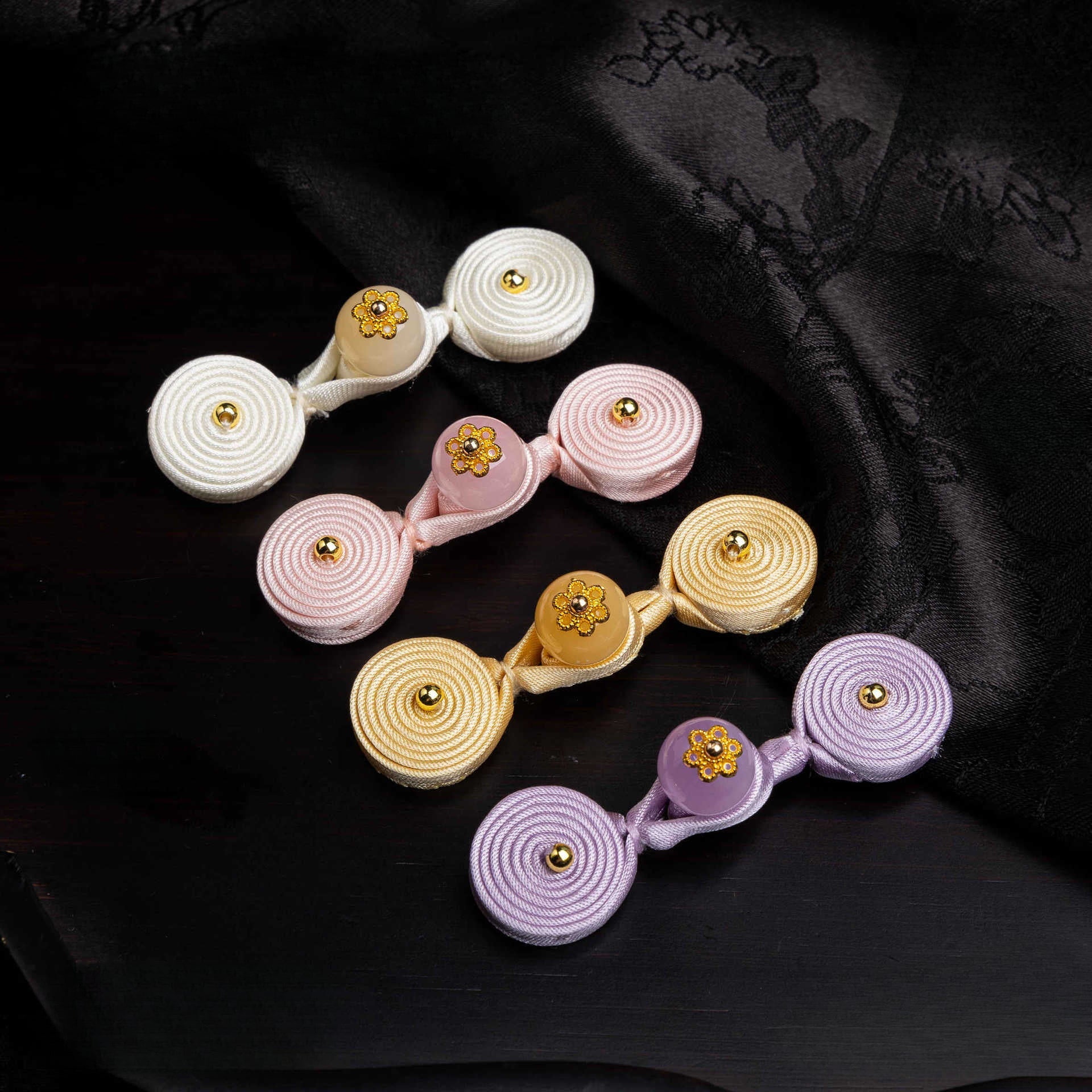 Round Disc Knot Button Closures with Flower Bead - White color, handmade decorative sew-on button