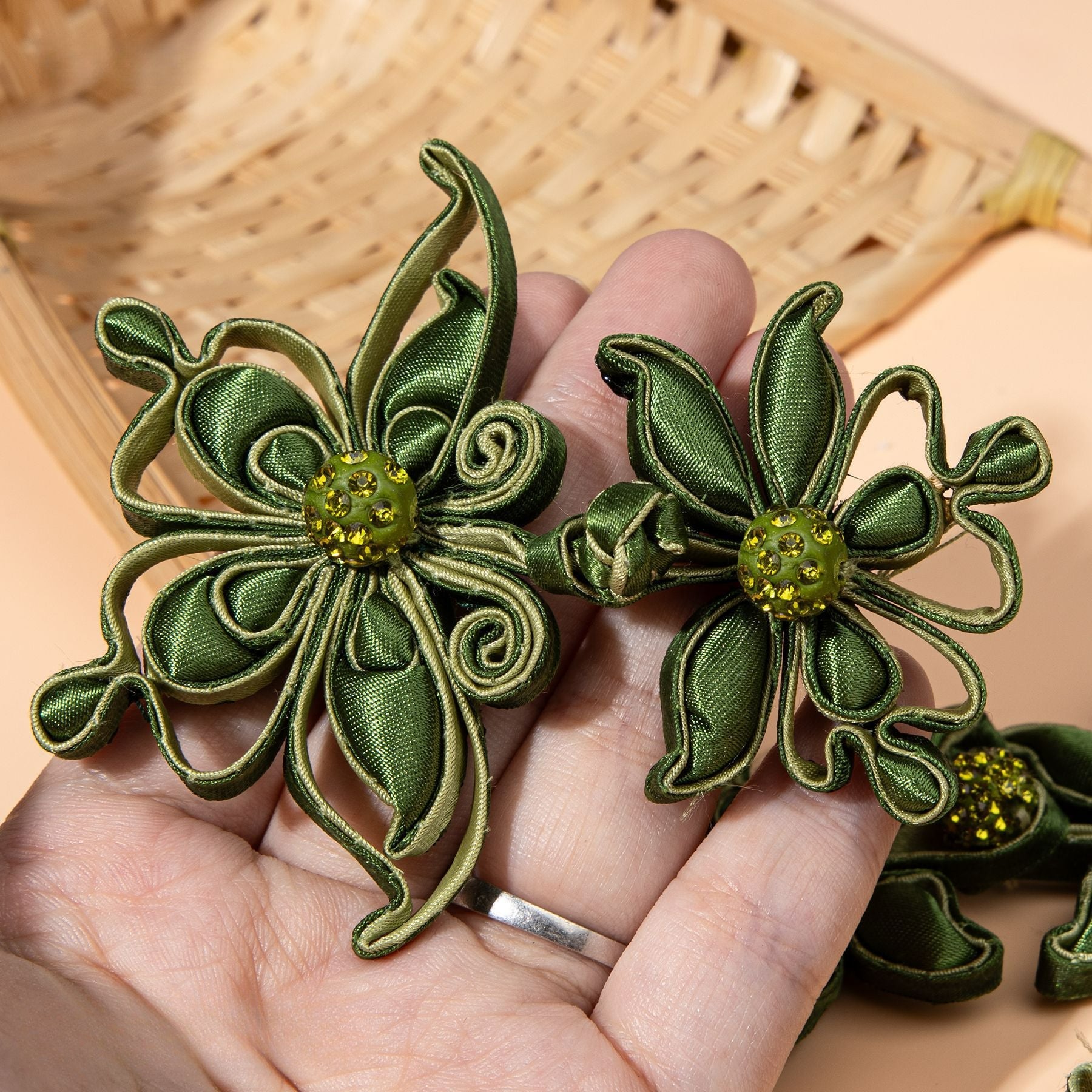 Green Satin Flower Rhinestone Button - Army Green color, handmade decorative sew-on button