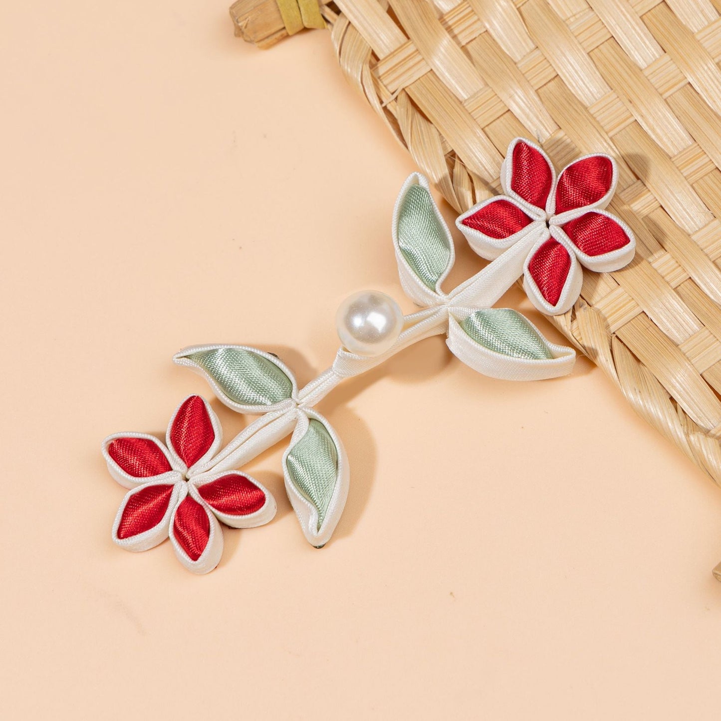 Flower and Leaf Branch Pearl Button - handmade decorative sew-on button