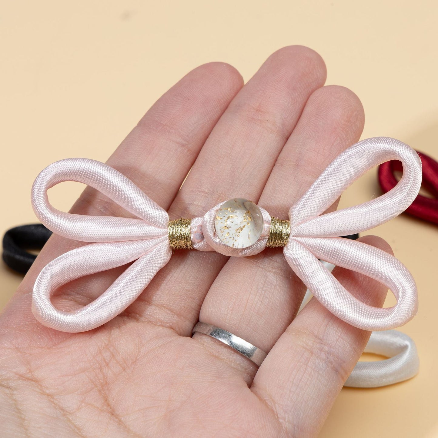Satin Loop Bow Button Closures with Glitter Bead - Black color, handmade decorative sew-on button