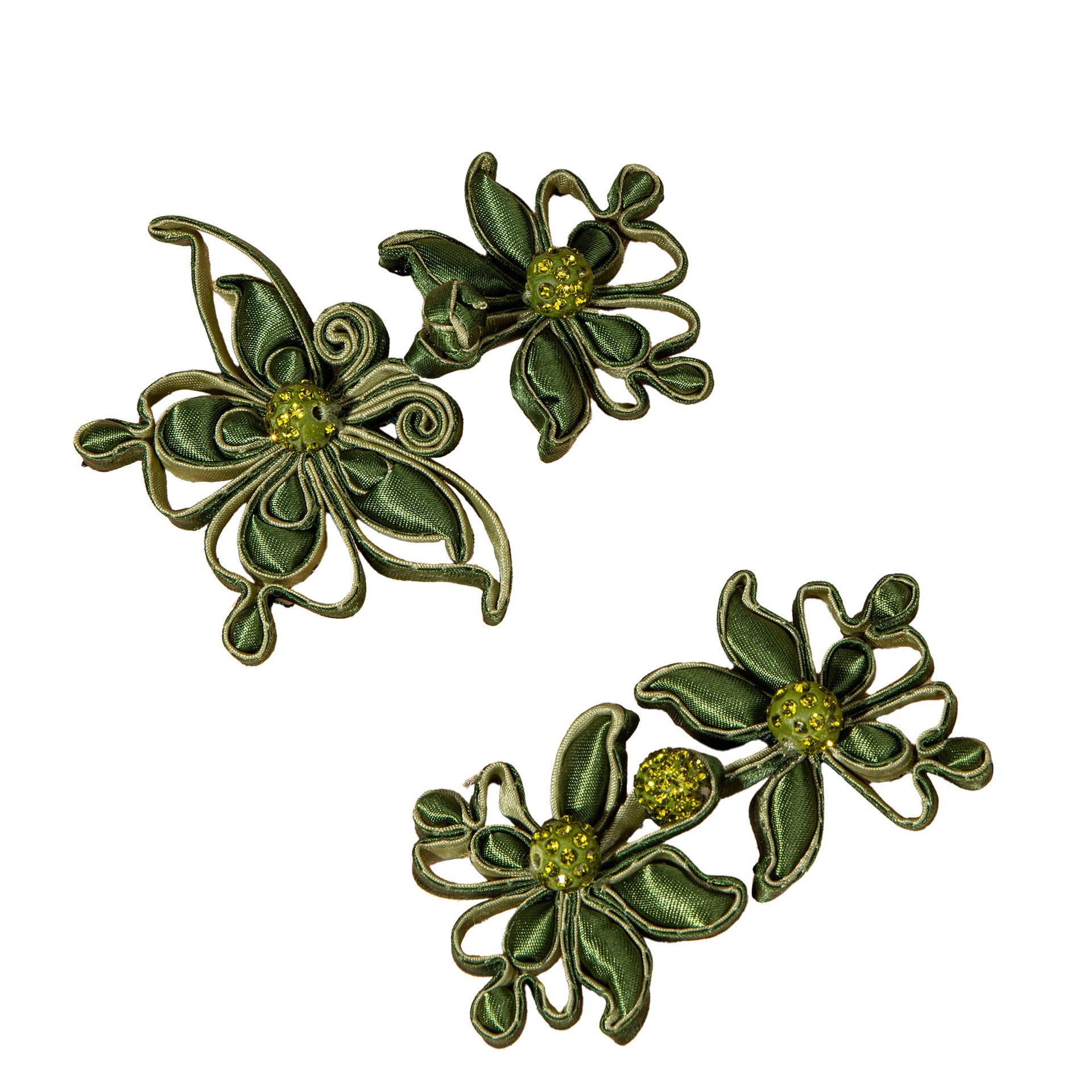 Green Satin Flower Rhinestone Button - handmade decorative sew-on button