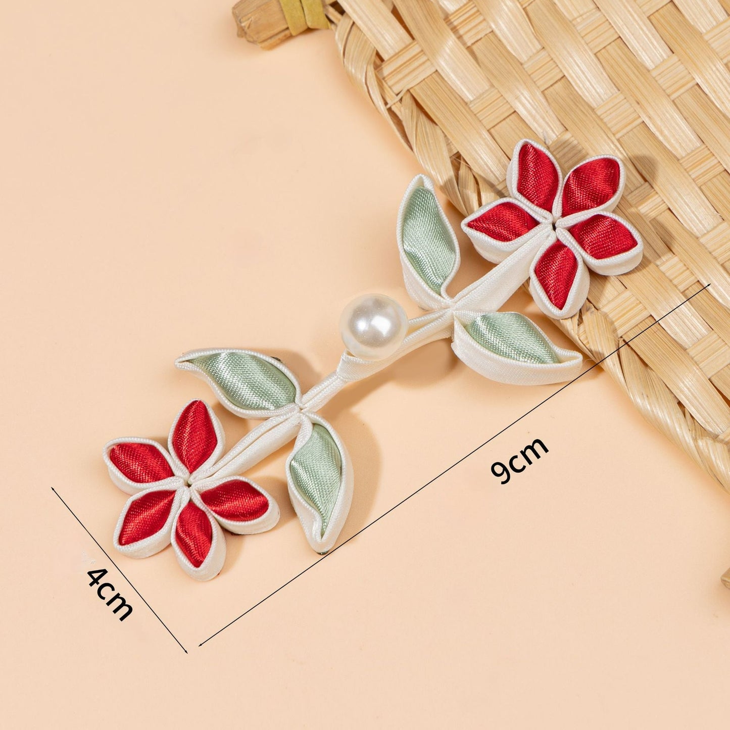 Flower and Leaf Branch Pearl Button - Light Wine Red color, handmade decorative sew-on button