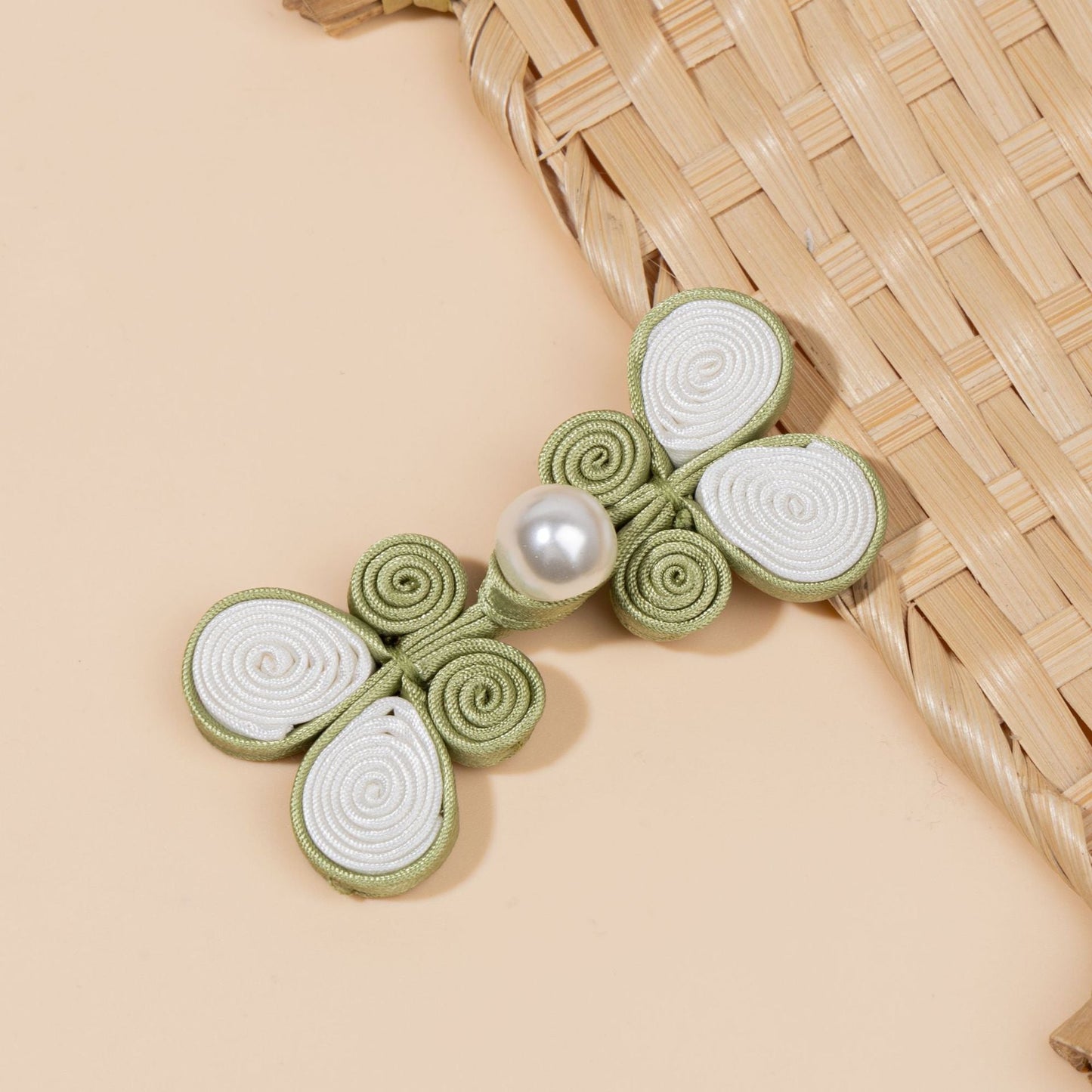 Coiled Ribbon Butterfly Pearl Buttons - A64-Olive Green color, handmade decorative sew-on button