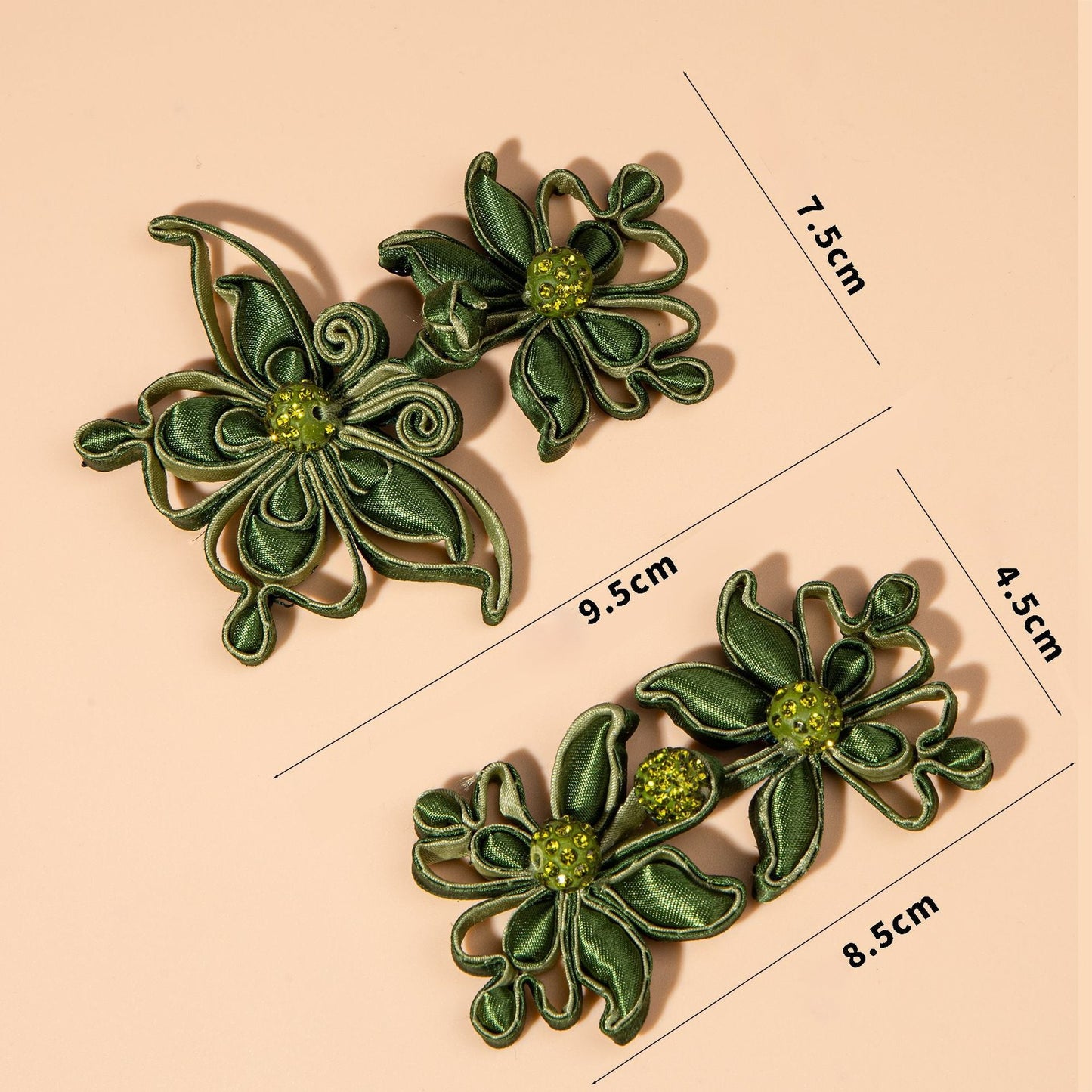 Green Satin Flower Rhinestone Button - handmade decorative sew-on button