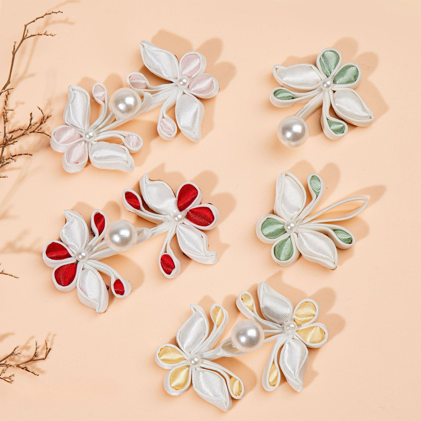 White Flower Branch Pearl Buttons - Light green color, handmade decorative sew-on button