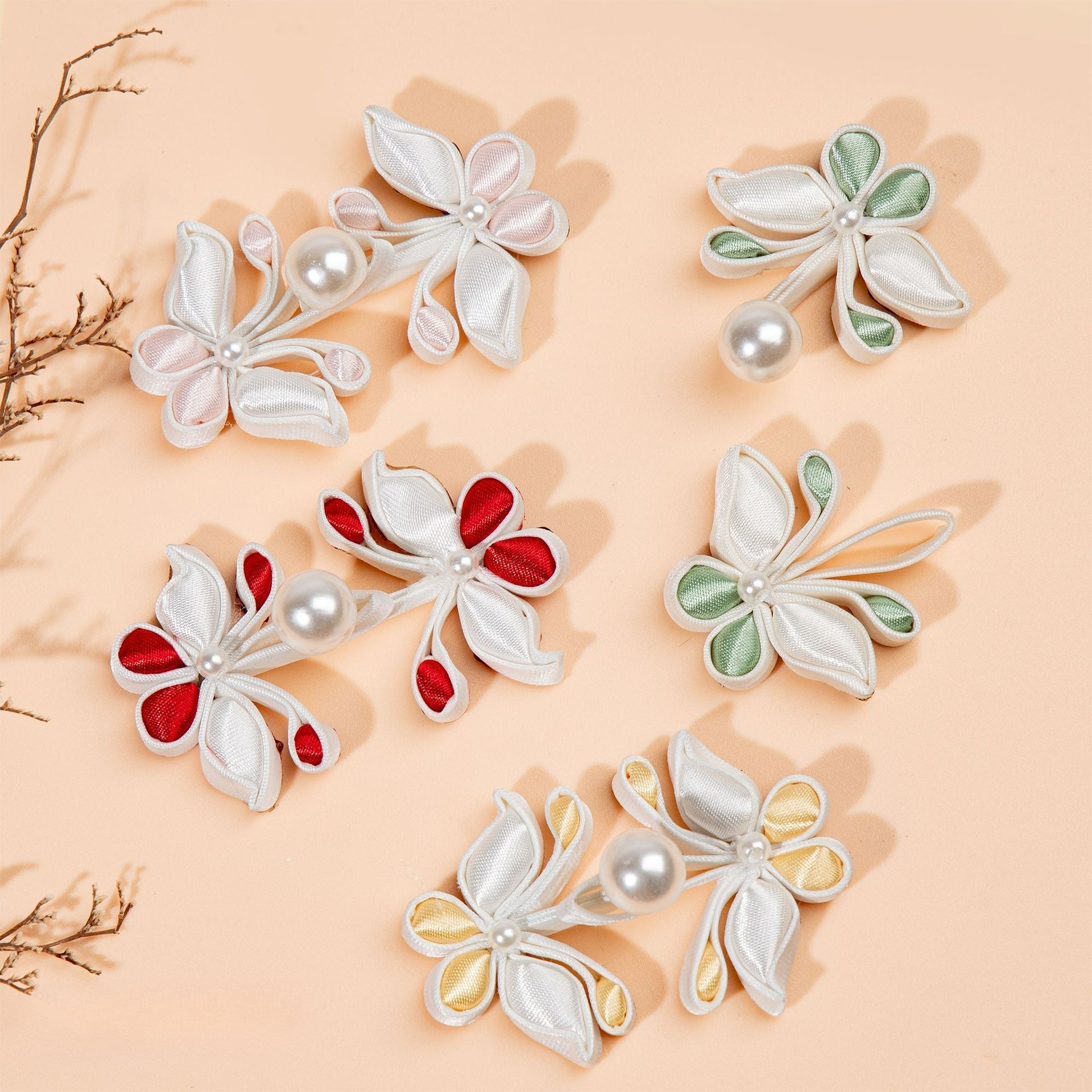 White Flower Branch Pearl Buttons - Light green color, handmade decorative sew-on button