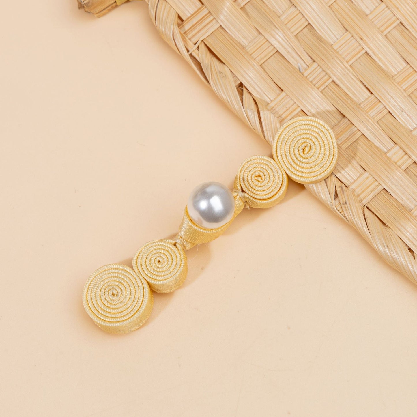 Triple Spiral Coil Button with Pearl Bead - Yellow color, handmade decorative sew-on button