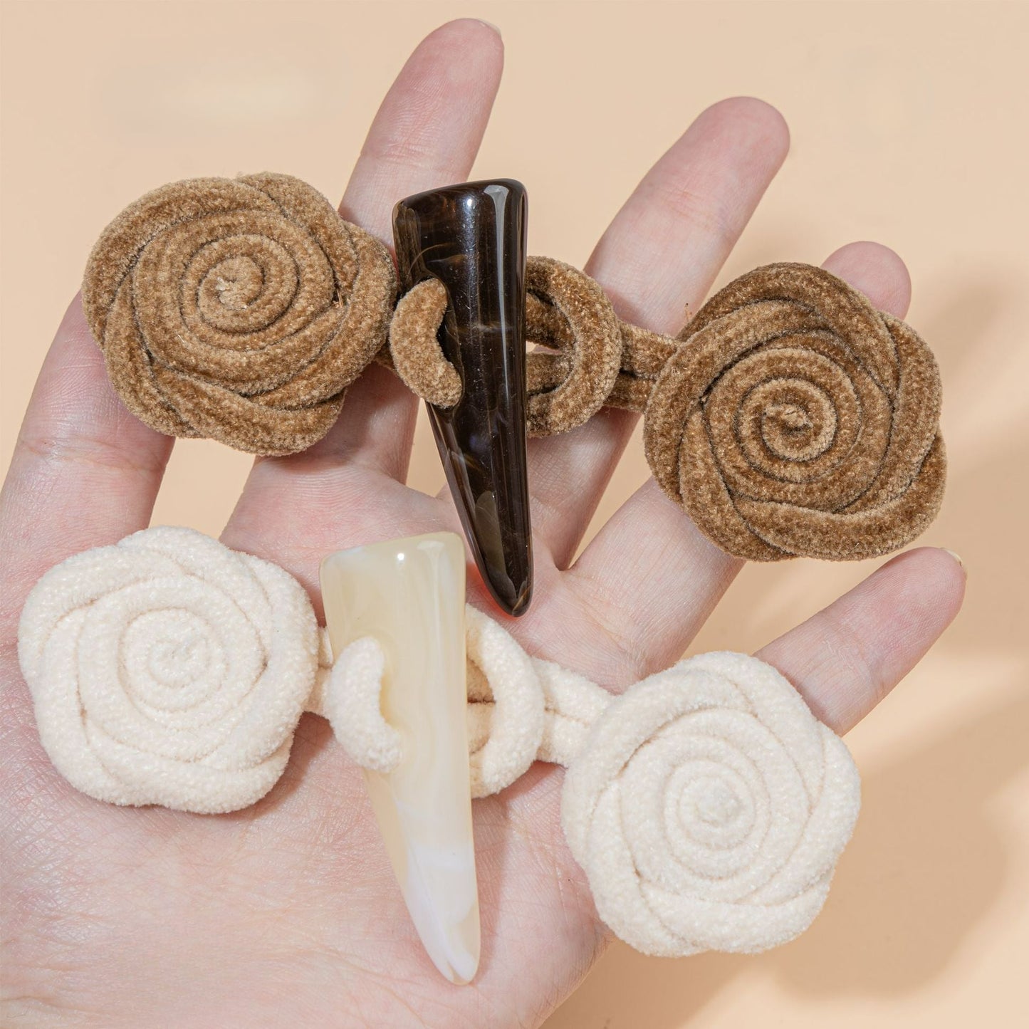 Velvet Rose Toggle Buttons - Apricot color, handmade decorative sew-on button