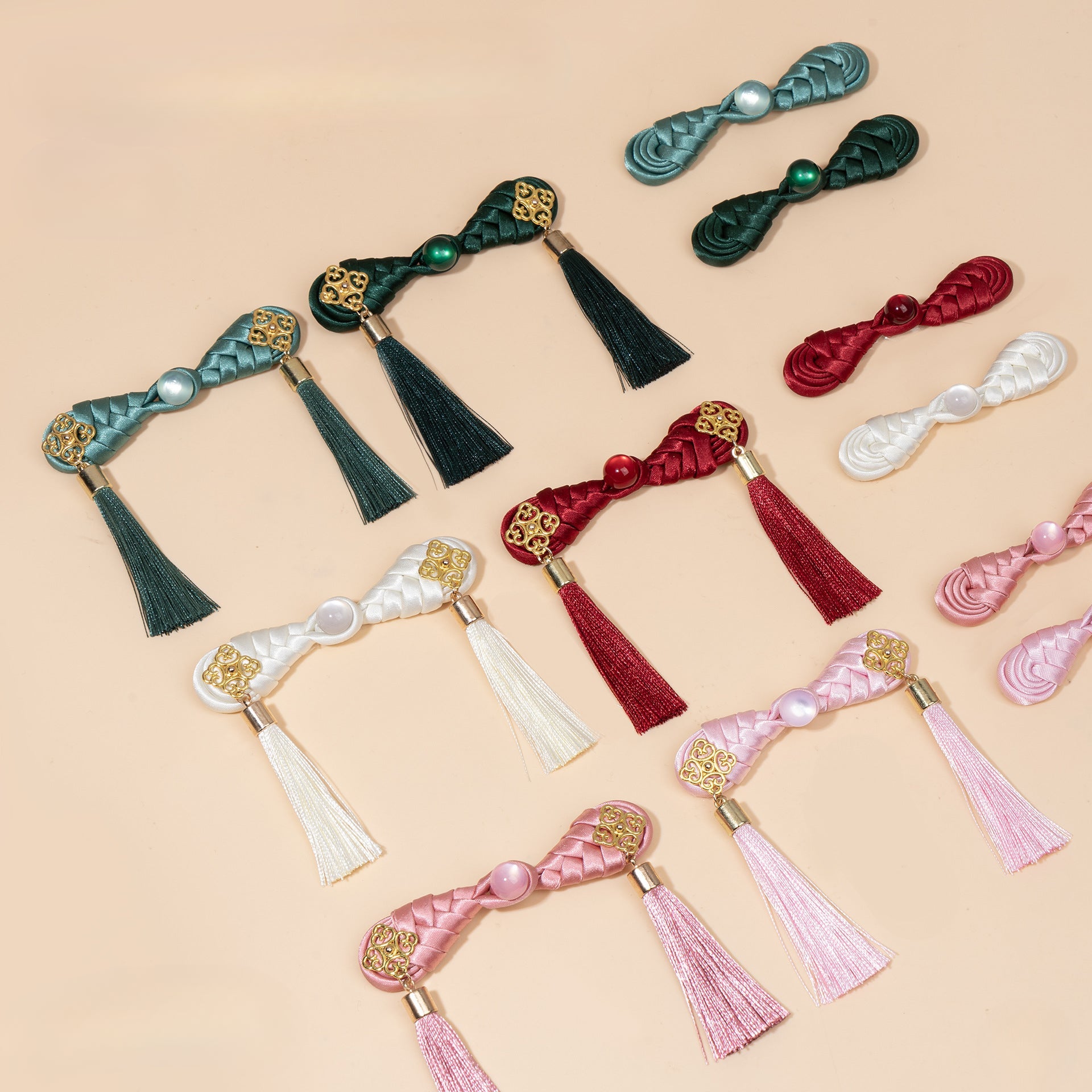 Braided Tassel Frog Button Pair - Light Pink color, handmade decorative sew-on button