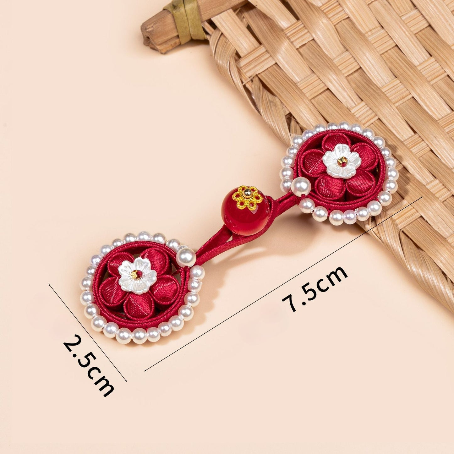 Red sunflower pearl button - CH6152-Wine Red color, handmade decorative sew-on button