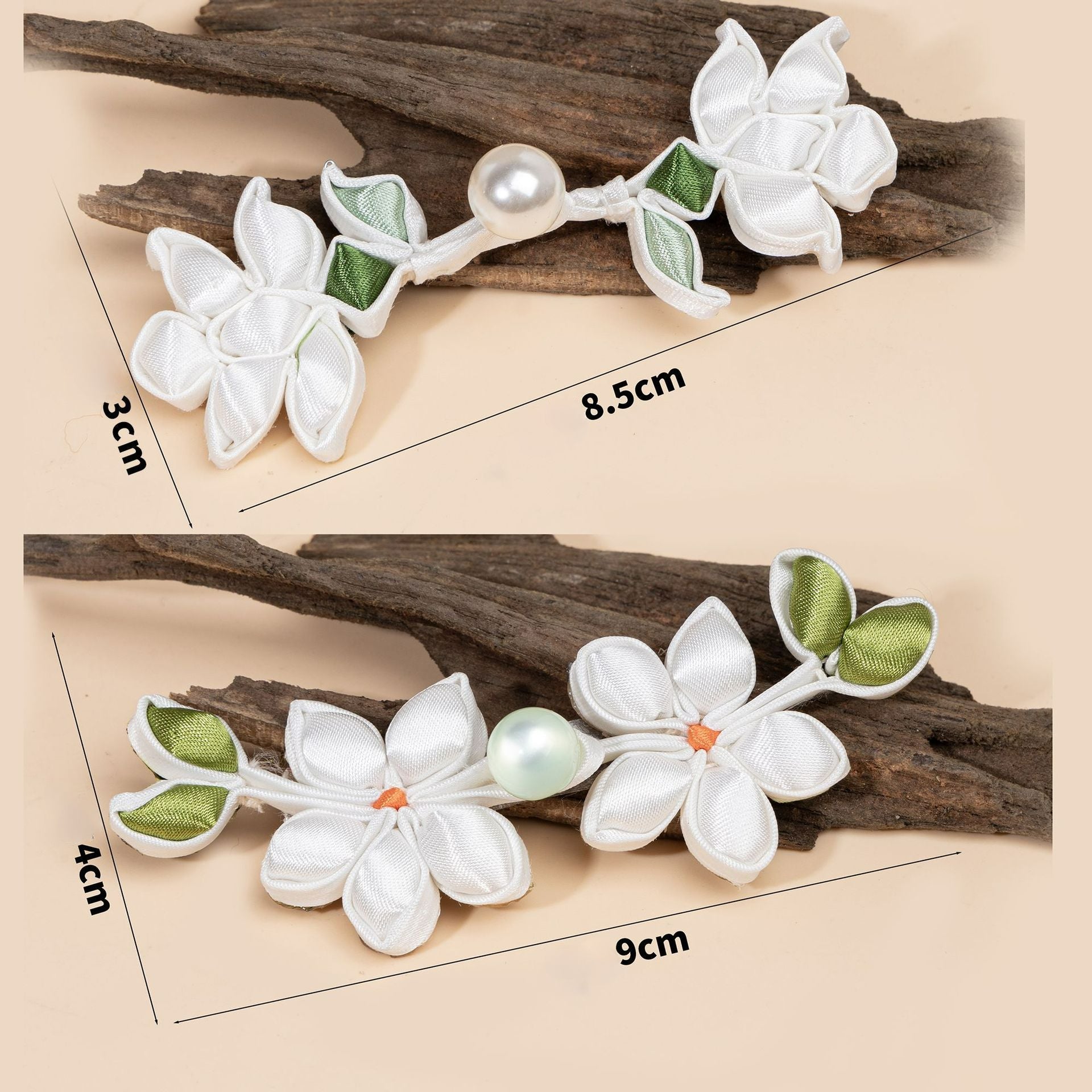 White Satin Flower Branch Buttons - handmade decorative sew-on button