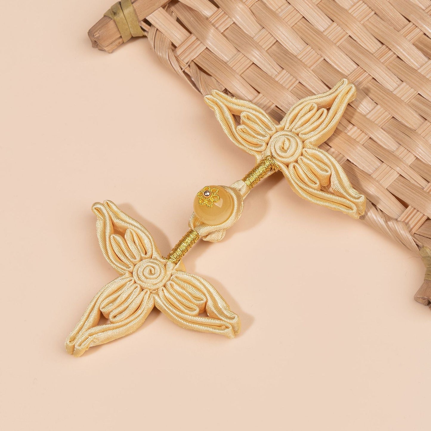 Four Wing Knot Button with Round Bead - Turmeric color, handmade decorative sew-on button