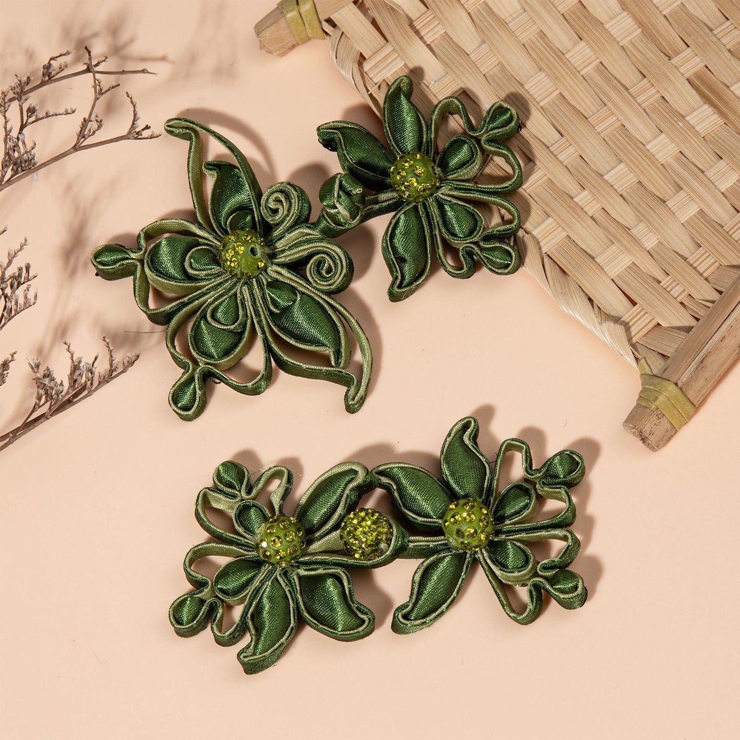 Green Satin Flower Rhinestone Button - handmade decorative sew-on button