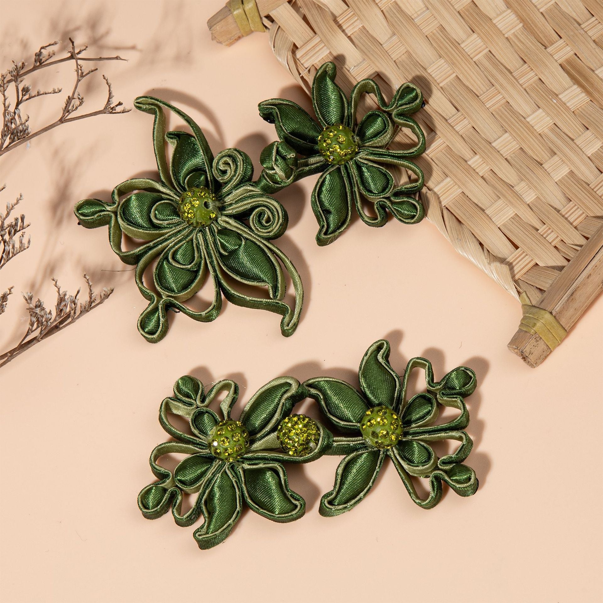 Green Satin Flower Rhinestone Button - handmade decorative sew-on button